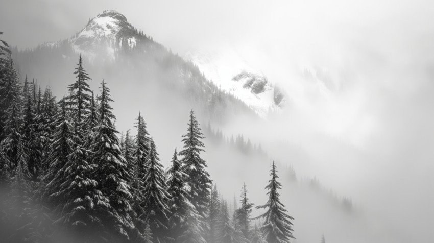 Nature black and white photo of winter mountain peaks in fog free photo