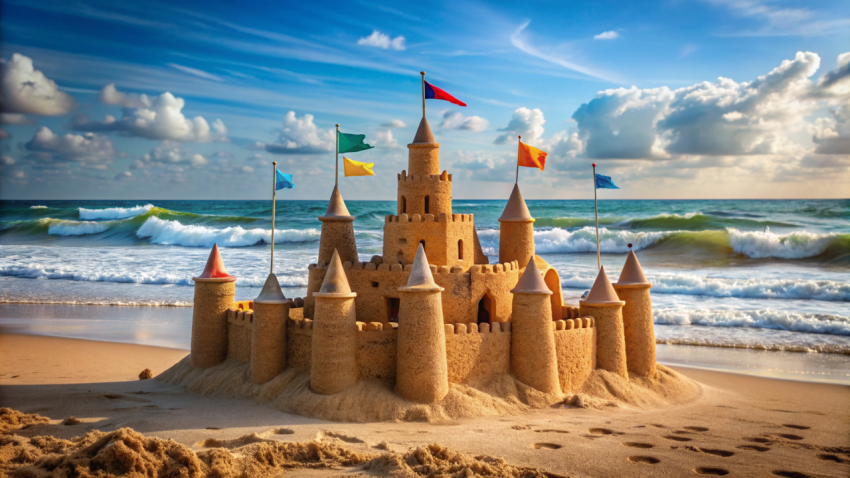 Sandcastle with decorative towers and flags  with