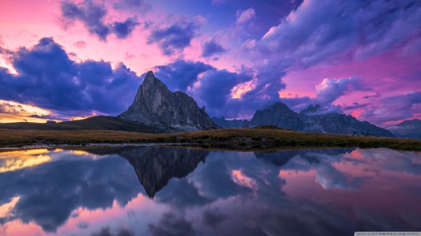 Purple sky mountain lake reflection wallpaper 1366x768