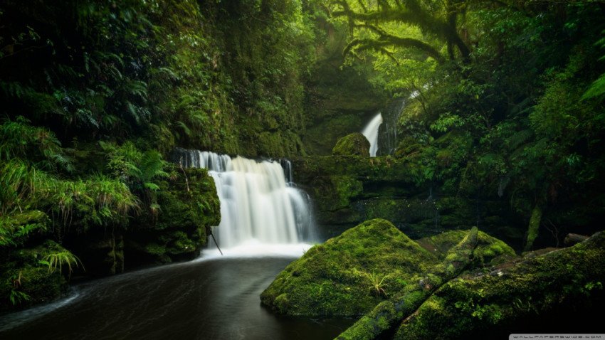 Green forest waterfall wallpaper 1366x768