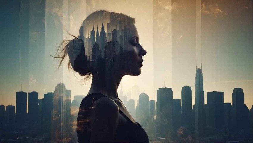 Double exposure a woman silhouette against a city back