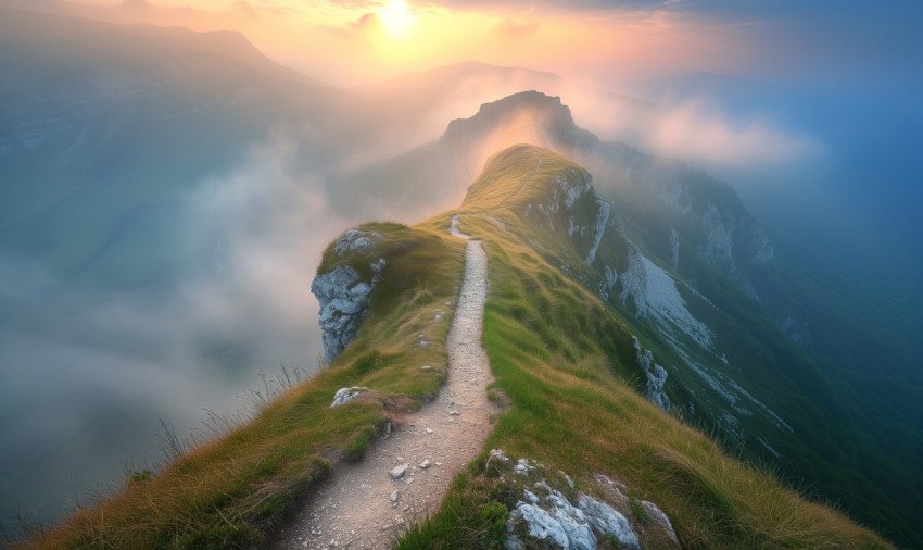 Path on the mountain ridge at sunset free photo