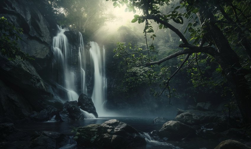 Waterfall in a dark forest free photo