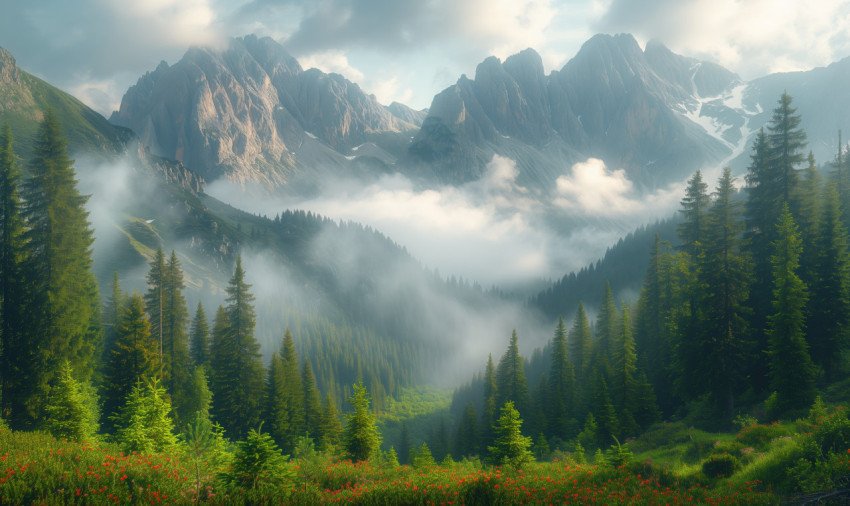 Cloudy and foggy weather in the mountains free photo