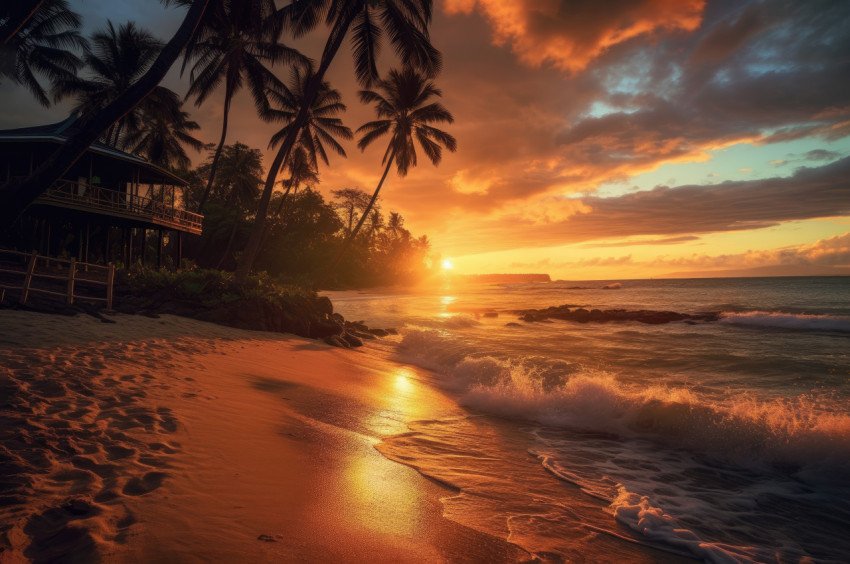 Romantic tropical beach with villa and palms during beautiful sunset free photo