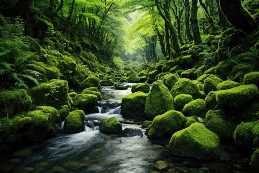 Deep green forest with river free photo