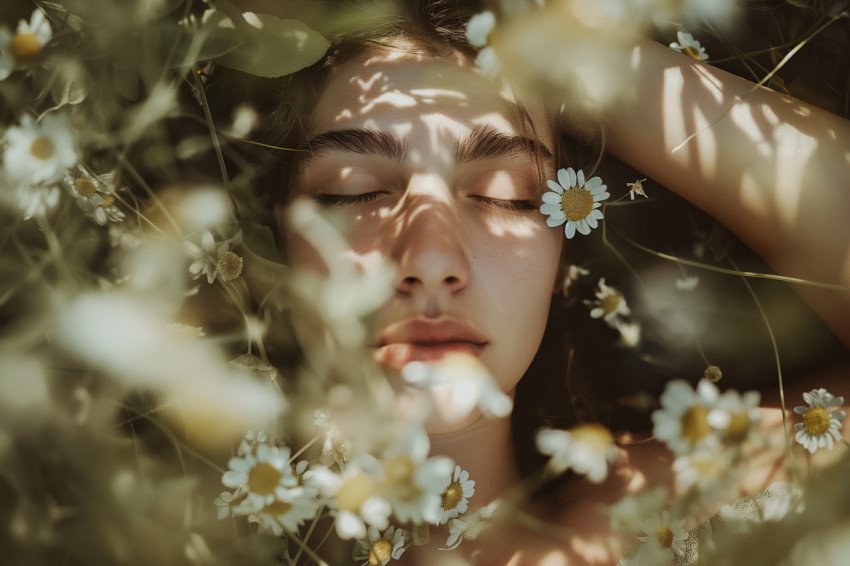 Mellow photography of a woman lying in daisies free photo