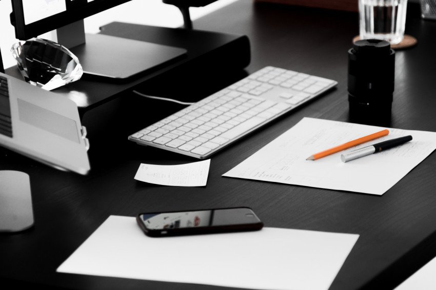 Busy designer minimalist workplace desk free photo