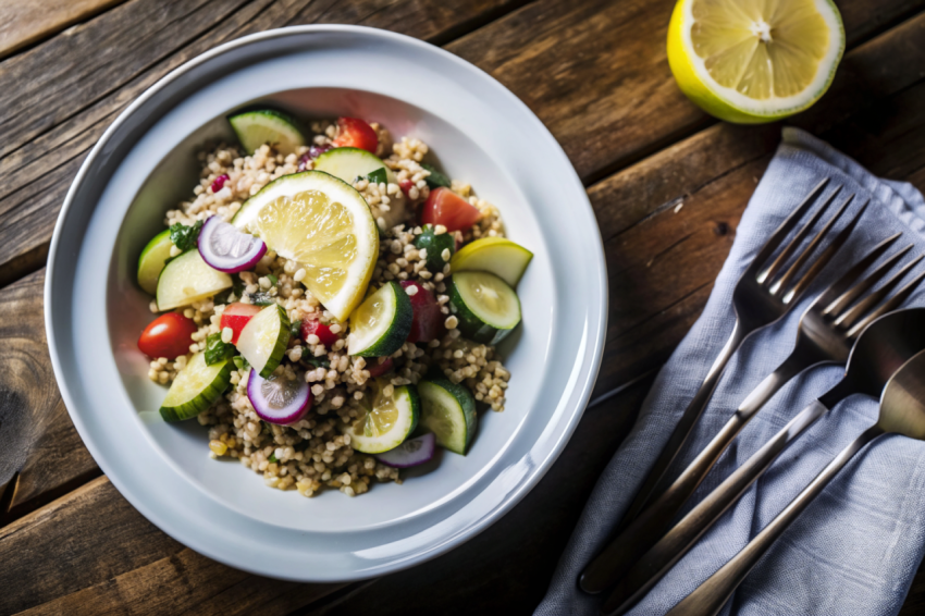 A colorful salad of quinoa mixed with cucumber  to