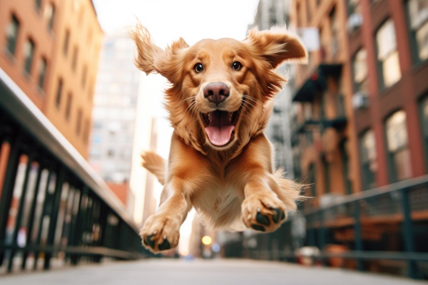 Happy jumping golden retriever in new york city street free photo