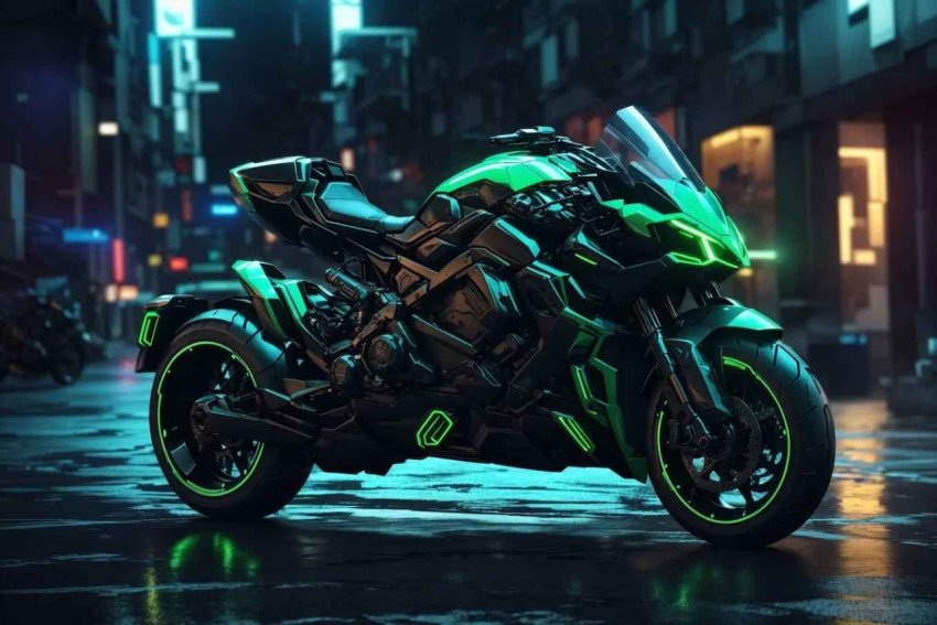 A Super Ninja Sports Bike in a city night