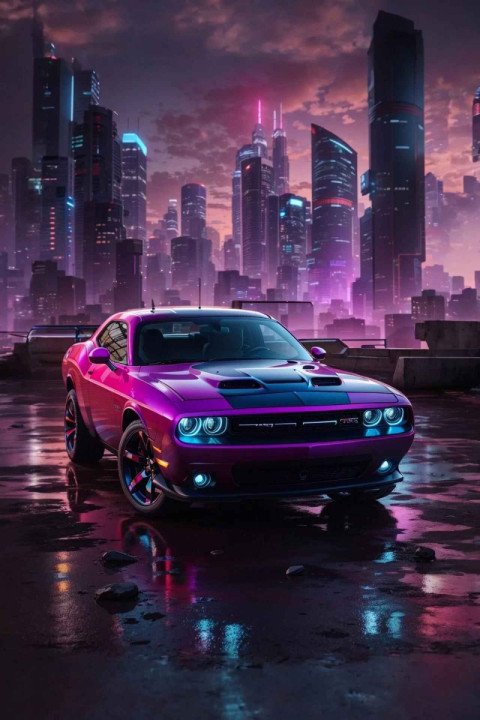 Dodge challenger in a cyber punk landscape