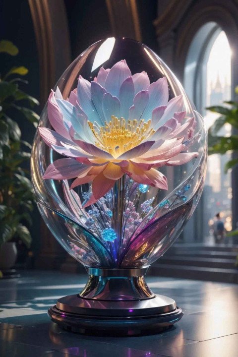 A Glasslike alien floral monument is displayed