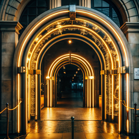 Gold  neon lights around an arch with white pillar