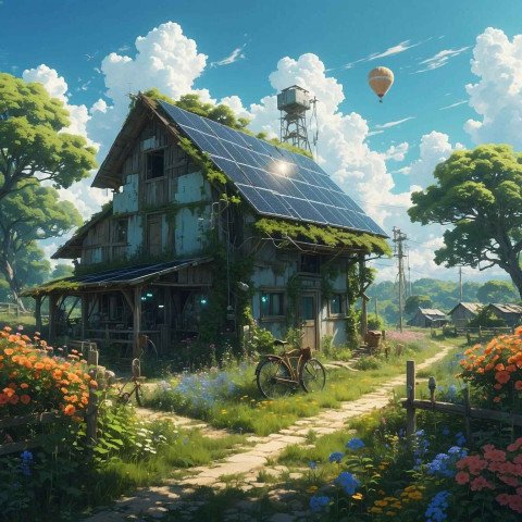 A whimsical Anime style illustration of the countryside